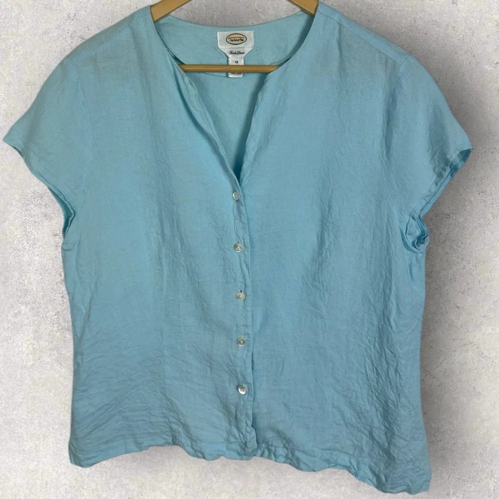 Talbots 100% Irish Linen V-Neck Button Down Short Sleeve Blouse Size 16 Blue Top - Picture 8 of 12